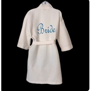 Chakir Linen Bride Robe Women One Size White Waffle Knit Embroidered Kimono PKTS
